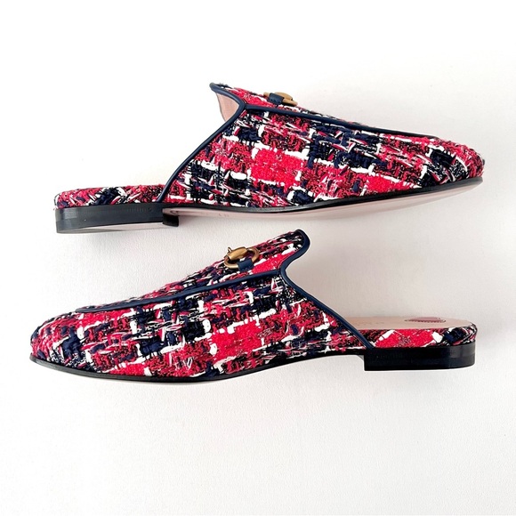 GUCCI || Princetown Red Blue Tweed Horsebit Loafer Mule Slipper Flat US 6.5 - Picture 10 of 12